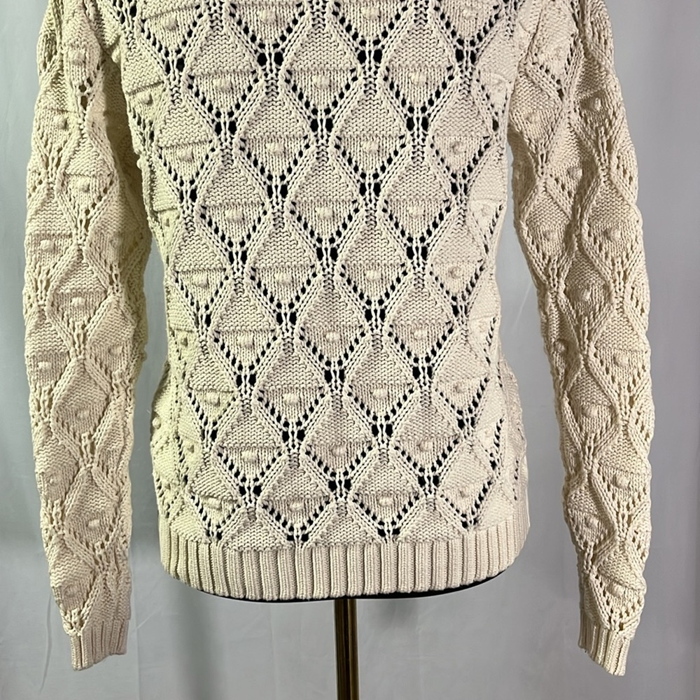 Tommy Hilfiger Cream Chunky Loose Pom Pom Knit Long Sleeve Cotton Sweater - Picture 13 of 16